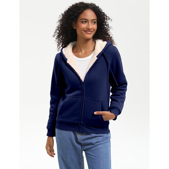Women's Fleece Lined Zip Up Hoodie Cotton Blend Cozy Warm Jacket - Picture 2 of 6